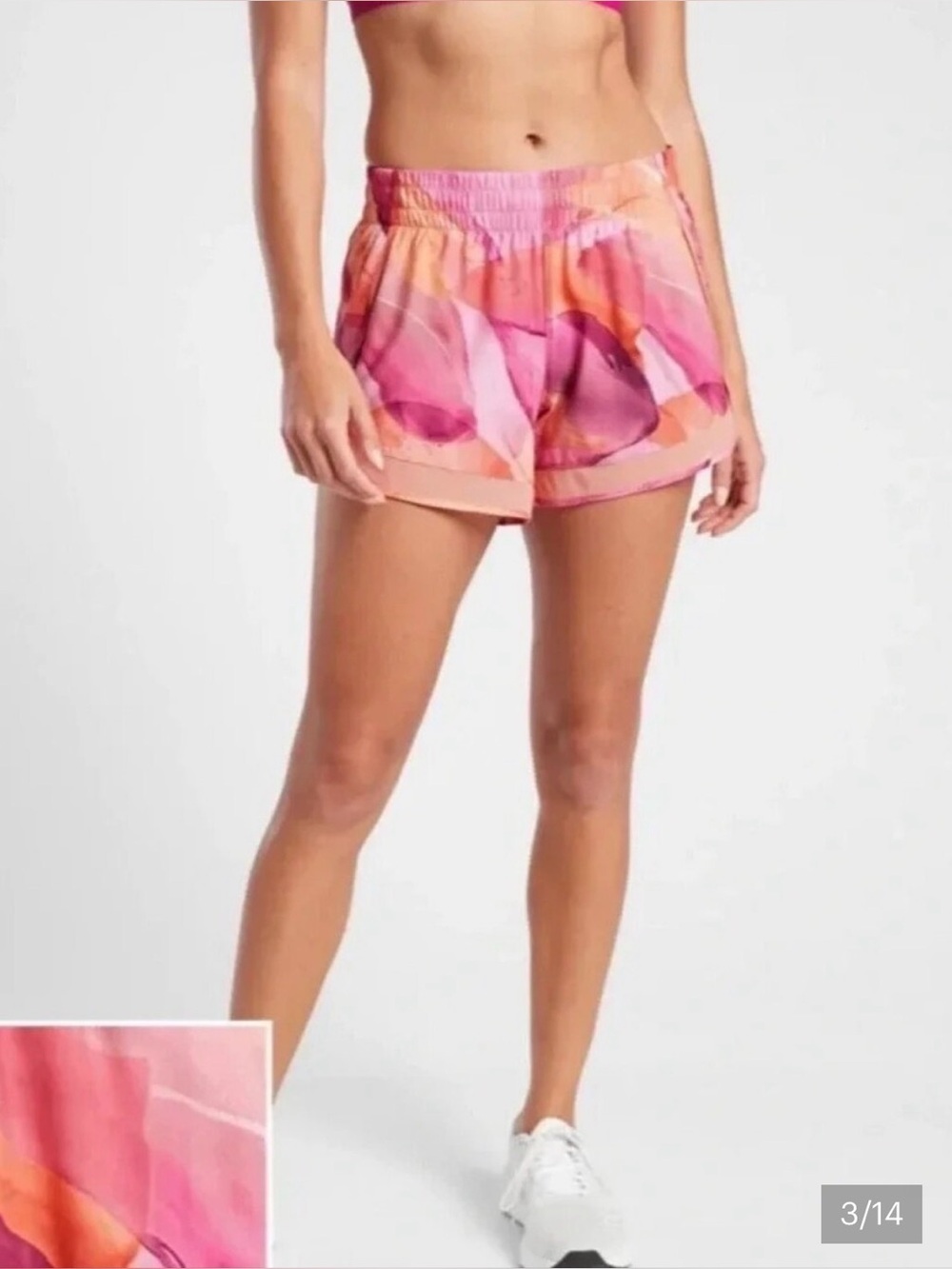 Athleta Printed Mesh Racer Run Short 4” size Small, pink and orange
